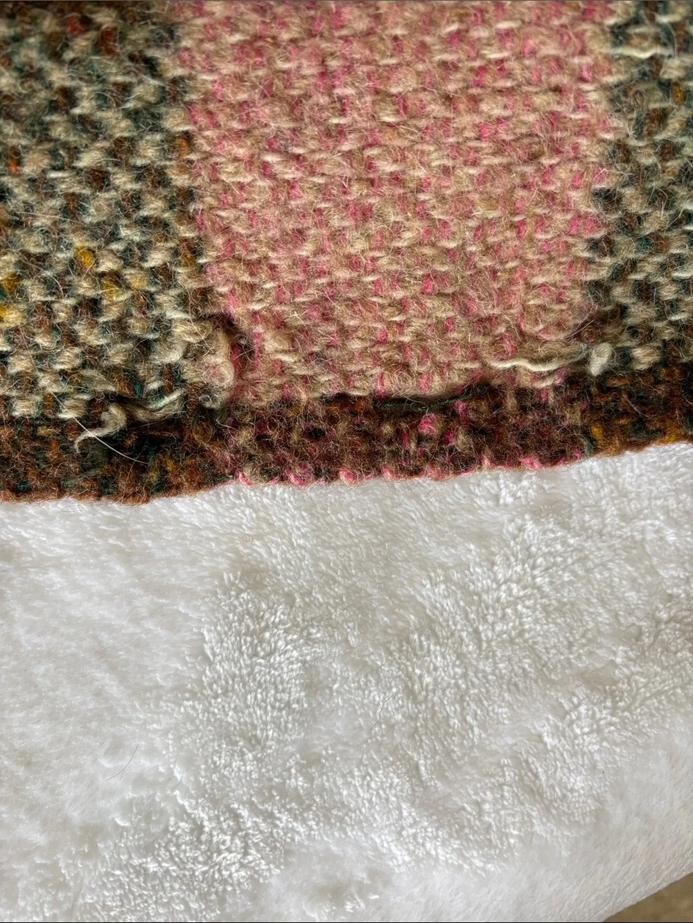 Wool Plaid Fringe Throw Blanket in Pink and Brown